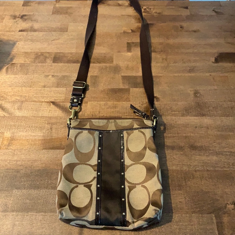 Coach Small Brown/Tan Crossbody w pink interior.